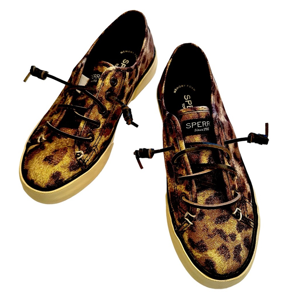 NWOT Sperry Women’s 5 Leopard Cheetah Glimmer Effect Canvas Lace Up Sneakers